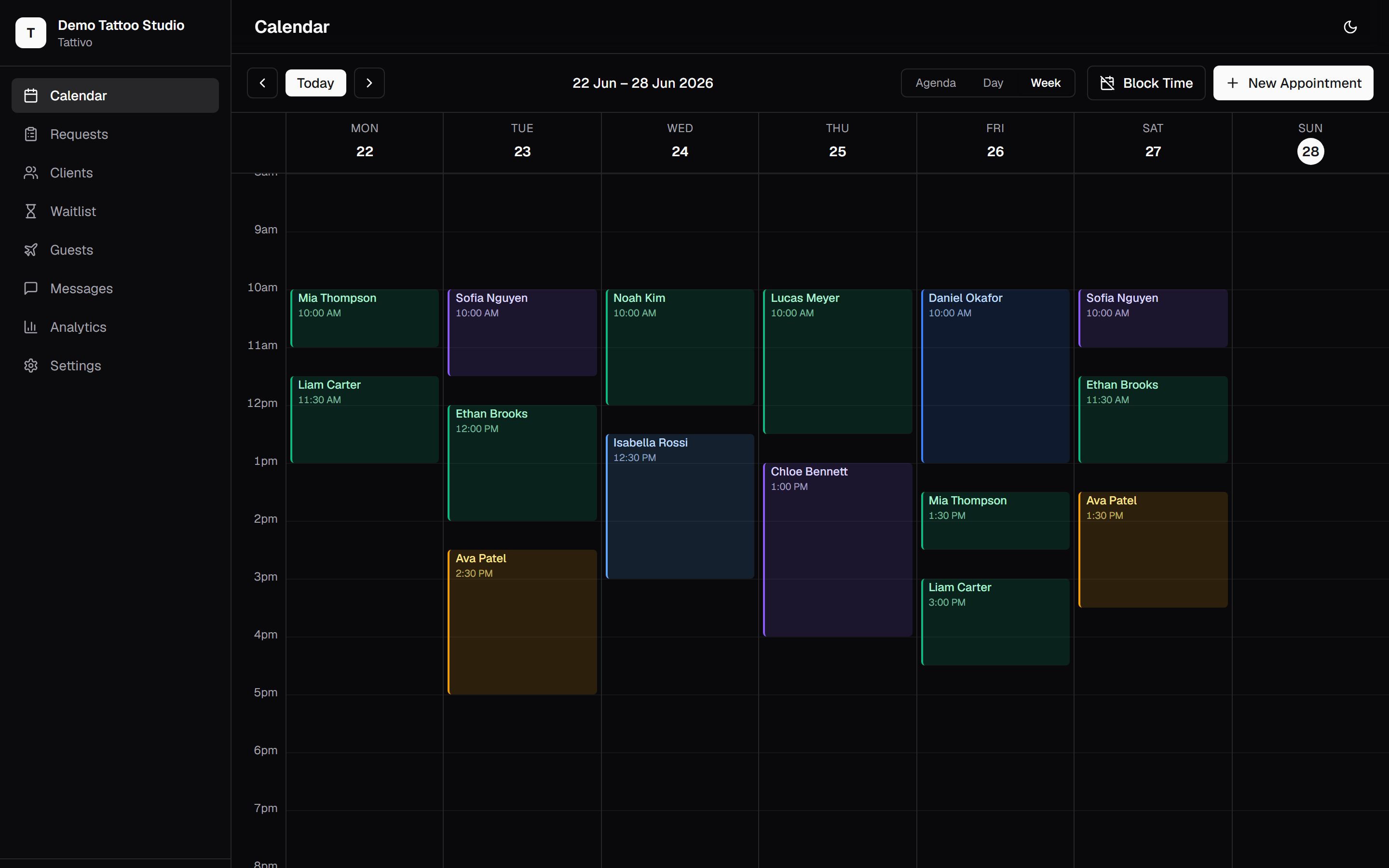 The Tattivo calendar dashboard with agenda, day and week views